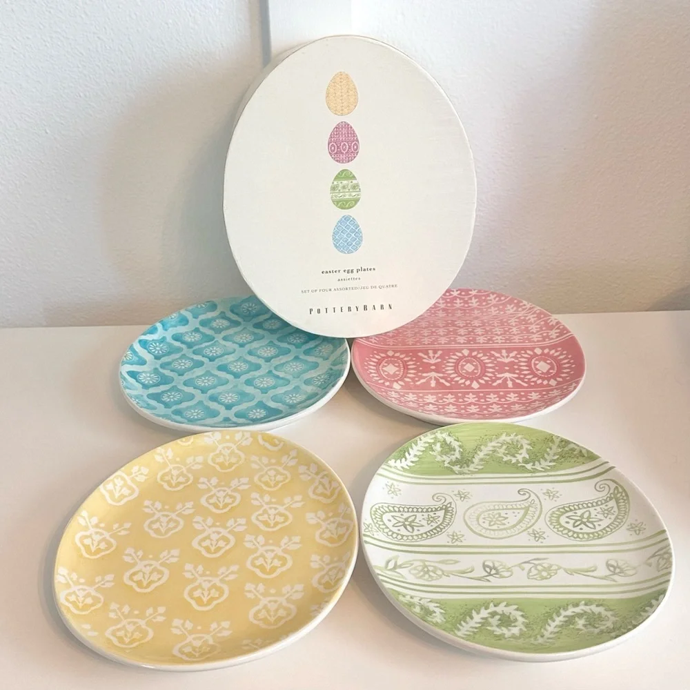 Pottery Barn Ceramic Colorful Easter Egg Shape Plate Set Pastel Yellow Pink Blue